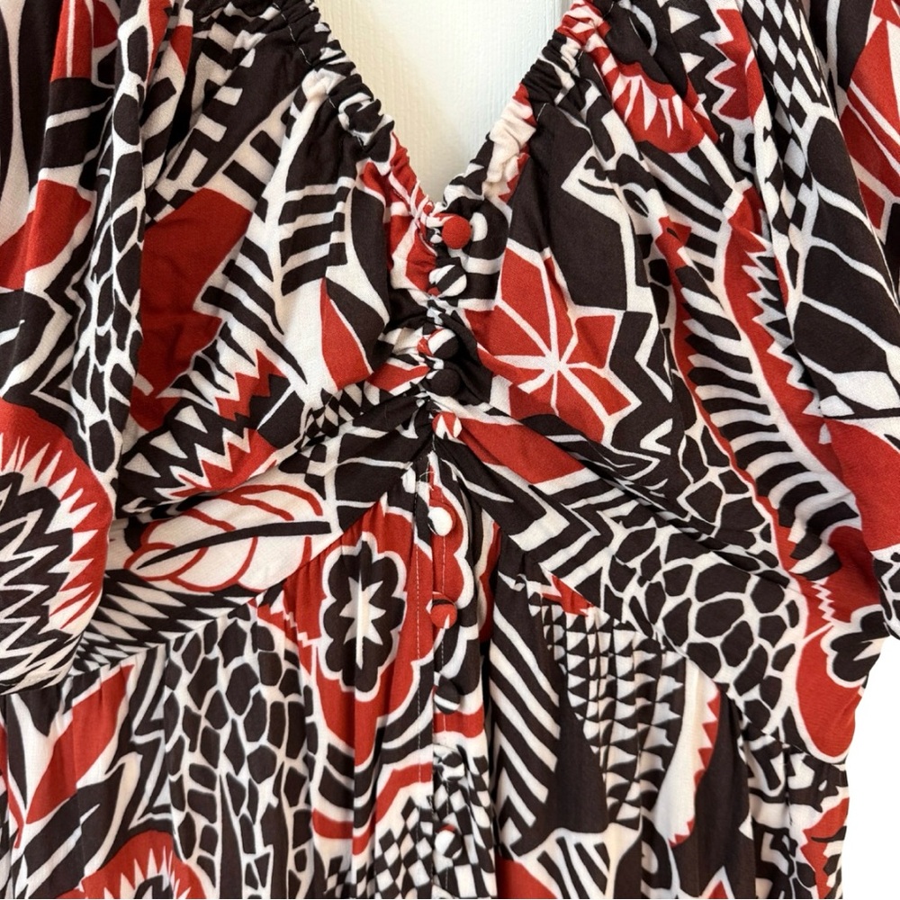 By Anthropologie XL Tiered Maxi Dress Red Pattern Short Sleeve V-Neck‎ Buttons - Picture 9 of 15